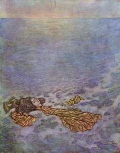Encore une fois, elle regarda le prince, avec ses yeux déjà voilés par la mort, puis se jeta par-dessus bord et tomba, son corps se dissolvant en écume, illustration de 