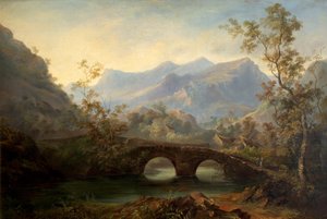 Paysage montagneux avec rivière, pont et cottages, 19e siècle
