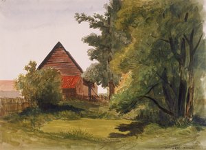 Vue de Hampstead avec une grange à gauche, Hampstead, Camden, Londres, 1842 - Edmund Marks