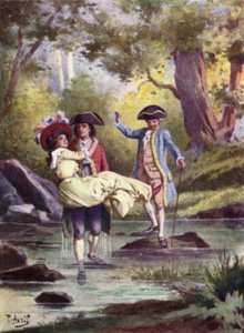 Je pris Edmée dans mes bras et traversai tranquillement le ruisseau. Illustration pour Mauprat de George Sand