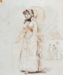 Femme en promenade tenant une ombrelle ouverte, 1880