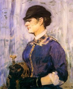 Jeune femme avec un haut bleu et un petit chapeau noir, 1877