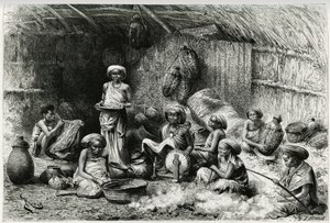 Un après-midi chez la favorite du Cheikh des Gobrons, activités des femmes : broderie et filage de la laine, vannerie et poterie. Gravure par Riou, pour illustrer le récit « Voyage chez les Benadir, les somalis et les Bayoun », en 1882-1883, par Georges Re