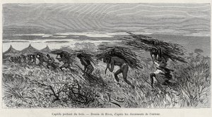 Captifs portant du bois dans la brousse (illustration de Du Niger au golfe de Guinée par le capitaine Louis Gustave Binger, 1887-1889, dans Le tour du monde) - Edouard Riou