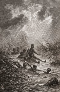 Dr. David Livingstone porté à travers un marais par des porteurs lors de son expédition en Afrique en 1872, illustration de "Le Monde entre les Mains", gravée par Charles Laplante