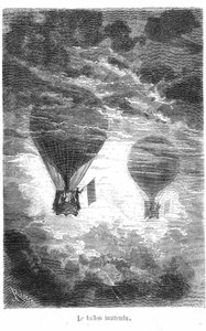 Dessin du livre de Jules Verne « Cinq semaines en ballon » collection Hetzel/Voyages extraordinaires. Le ballon Victoria rencontre un autre ballon dans les nuages. - Edouard Riou
