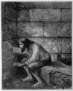Edmond Dantès, le Comte de Monte-Cristo dans sa prison - Gravure de Riou, dans « Le Comte de Monte-Cristo » par Alexandre Dumas, Rouff & Cie