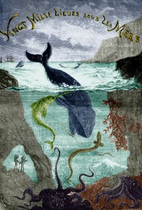 Frontispice du roman de Jules Verne Vingt mille lieues sous les mers (1870), gravure, document colorisé - Edouard Riou