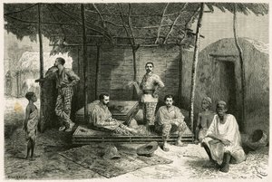 Installation de la mission à Nango, pour un séjour de 10 mois, avec des portraits de Gallieni et de ses capitaines Vallière et Pietri, du Docteur Tautain ainsi que de ses interprètes, guide et cantinière. Gravure de Riou, d