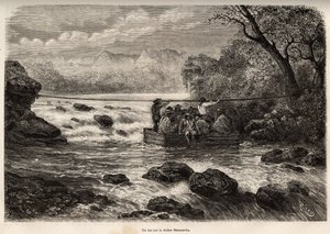 La traversée par le bac de la rivière Mesacancha (Bas Pérou), gravure de E.Riou illustrant le voyage dans les montagnes, la vallée de Huarancalqui et les régions de Pjonal, 1862-1863, par Paul Marcoy, publié dans "Le tour du monde" 1875 - Edouard Riou