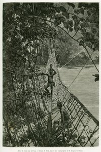 Pont de liane sur le Passa. Gravure par Riou, pour illustrer l