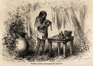 Fabrication de poterie par un Indien Conibo du Pérou, dessin de Riou pour illustrer le voyage de P. Marcoy de 1848 à 1860, de l