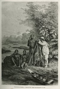 Observation au théodolite, Dr. Crevaux avec ses instruments de mesure et son équipe de guides et porteurs, en pleine séance de travail (illustration de l