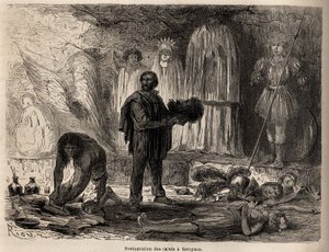 Restauration des statues de saints à Sarayacu (Pérou), dessin de Riou, pour illustrer le voyage de Paul Marcoy de l