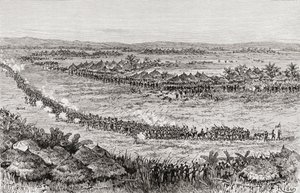Sir Henry Morton Stanley et ses hommes menacés par des indigènes Sukuma, 1890 (gravure sur bois)