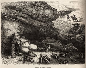 Le colonel du génie et son aide-de-camp, ivres après la petite fête donnée par les notables de Cailloma, se cachent derrière les rochers. Gravure par E.Riou pour illustrer une expédition