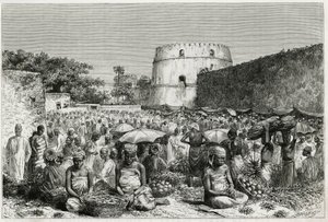Le marché aux fruits de Zanzibar (Tanzanie). Gravure de Riou, pour illustrer le récit « Voyage au Benadir, les Omalis et le Bayoun », en 1882-1883, par M.G.Revoil. Publié dans Le Tour du monde, nouveau journal des voyages
