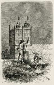 Le tapial, une ancienne technique de construction de murs en argile utilisant un coffrage en bois, compacté par bourrage et séché au soleil, gravure par Riou, pour illustrer l