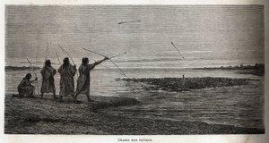 Chasse à la tortue, parmi les Indiens Conibos du Pérou, dessin par Riou pour illustrer le voyage, de 1848 à 1860, de P. Marcoy, de l