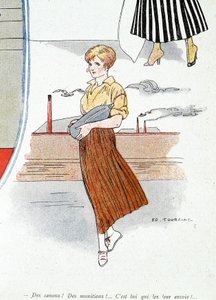 Femme fabriquant des munitions pour la guerre 1914-1918. « Camions ! munitions ! Il les envoie ! » Dans « Baïonnette », le 25/11/1915 (gravure)