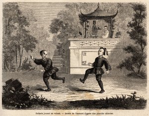 Enfants chinois jouant à la roue sous la supervision de leur mère, dessin de Vaumort, pour illustrer le voyage de Shanghai à Moscou, de 1859 à 1862, de M. de Bourboulon - Edouard Vaumort