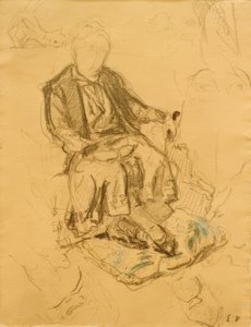Madame Bénard assise, pieds posés sur un coussin