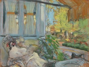 Madame Hessel lisant sur la terrasse du clos Cézanne