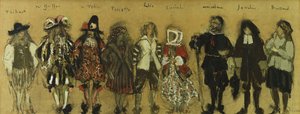 Études de costumes pour les neuf personnages de La Coupe Enchantée par Jean de la Fontaine