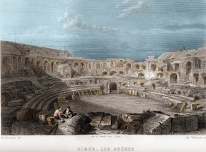 Les arènes de Nîmes, Gard, Languedoc-Roussillon, France. Gravure par Willmann dans « La France ancienne et moderne » de Jean-Bernard Mary-Lafon