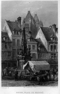Place du marché de la ville de Noyon, Oise, Picardie, France. Gravure par Willmann dans « La France ancienne et moderne » de Jean-Bernard Mary-Lafon