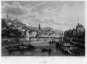 Vue de la ville de Lyon, département du Rhône, région Rhône-Alpes, France. Gravure par Willmann dans « La France ancienne et moderne » de Jean-Bernard Mary-Lafon