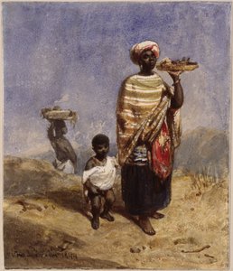 Une Afro-brésilienne tenant un petit garçon par la main droite, tandis que de la main gauche elle porte un plateau de fruits - Eduard Hildebrandt
