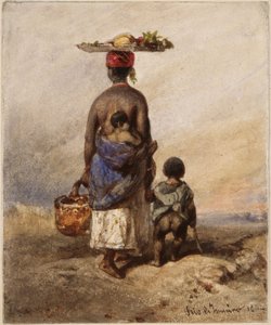 Une femme afro-brésilienne vue de dos, accompagnée de deux jeunes enfants - Eduard Hildebrandt