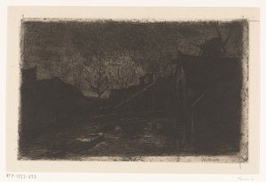 Paysage avec maisons et moulin au crépuscule