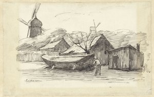 Bateau, maisons et un moulin à vent