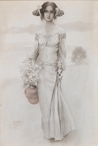Une fille avec une cruche et un bouquet de fleurs