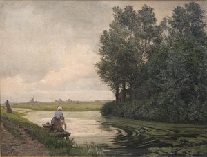 Paysage néerlandais. Une fille lavant au bord d