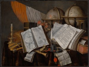 Nature morte de vanité avec un drapeau, un chandelier, des instruments de musique, des livres, des accessoires d