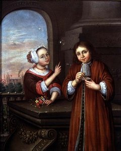 Fille pointant un garçon soufflant des bulles dans un cadre architectural - Edwaert Colyer or Collier