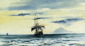 La dernière vue du Mont Discovery : SS. "Morning" et "Terra Nova" suivant le "Discovery" hors du détroit de McMurdo, 19 février 1904 minuit, 1904