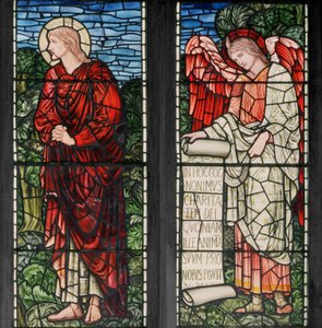 Birmingham, Acocks Green, Sainte Marie la Vierge, Morris & Co., Edward Burne-Jones, John Henry Dearle, Saint Jean et Ange avec un parchemin