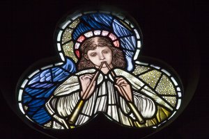 Wilden, All Saints, Morris & Co., Edward Burne-Jones, John Henry Dearle, Angels blowing double pipes, Angel Musicians