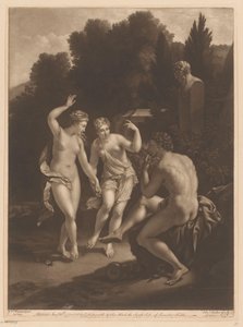 Homme jouant de la flûte devant deux nymphes dansantes