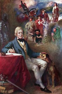 Sir Walter Scott et quelques-unes de ses créations les plus célèbres (lithographie en couleur)