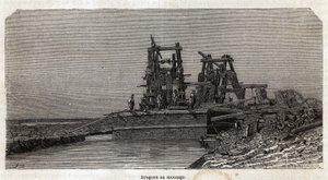 Dragues sur le canal de Suez, dessin de Grenet, pour illustrer une excursion au canal de Suez en 1862 par Paul Merruau. Gravure dans « Le tour du monde », édité par Edouard Charton