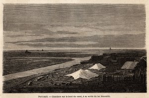 Chantiers navals de Port-Saïd, au bord du canal de Suez, à sa sortie du lac Menzaleh, dessin de Grenet, pour illustrer une excursion au canal de Suez, en 1862, par Paul Merruau. Gravure dans "Le tour du monde", édité par Edouard Charton - Edward Grenet