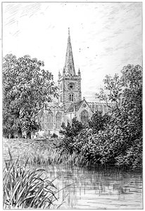 Église de Stratford vue depuis la rivière, Stratford-upon-Avon, Warwickshire, 1885