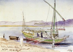 Bateau égyptien amarré sur la rive du Nil, entre Daboad et Philae (Égypte). Dessin aquarelle coloré