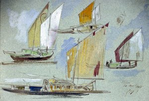 Études de bateaux vénitiens, à pleine voile. Dessin à l
