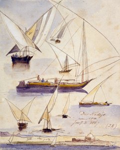 Études de divers bateaux égyptiens (y compris des dahabeeyahs et des gyassis) près de Deir KAdige (Égypte) représentés sur un tronçon calme et, en bas de la page, une vue des rives du Nil avec une mosquée